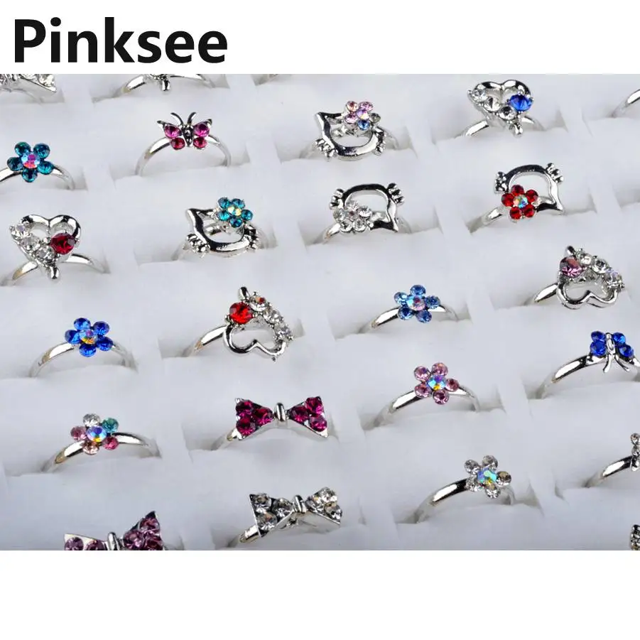 Mix Lot 60pcs Silver Plated kids ring Assorted Design Crystal Ring Child Party Small Size Adjustable Heart ring Wholesale