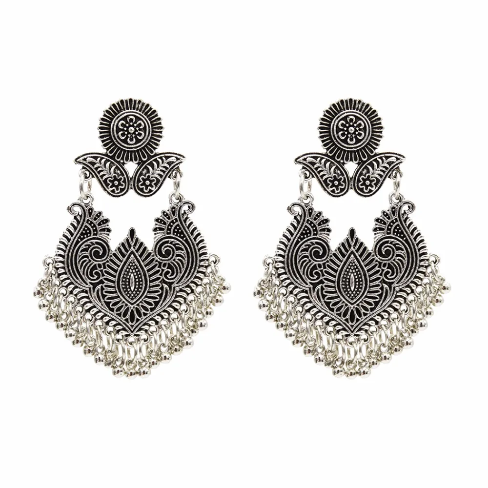 Bollywood Oxidized Jewellery Ethnic Afghan Tribal pendientes Long Tassel Bead Drop Flower Jhumka Indian Earrings Wedding Party