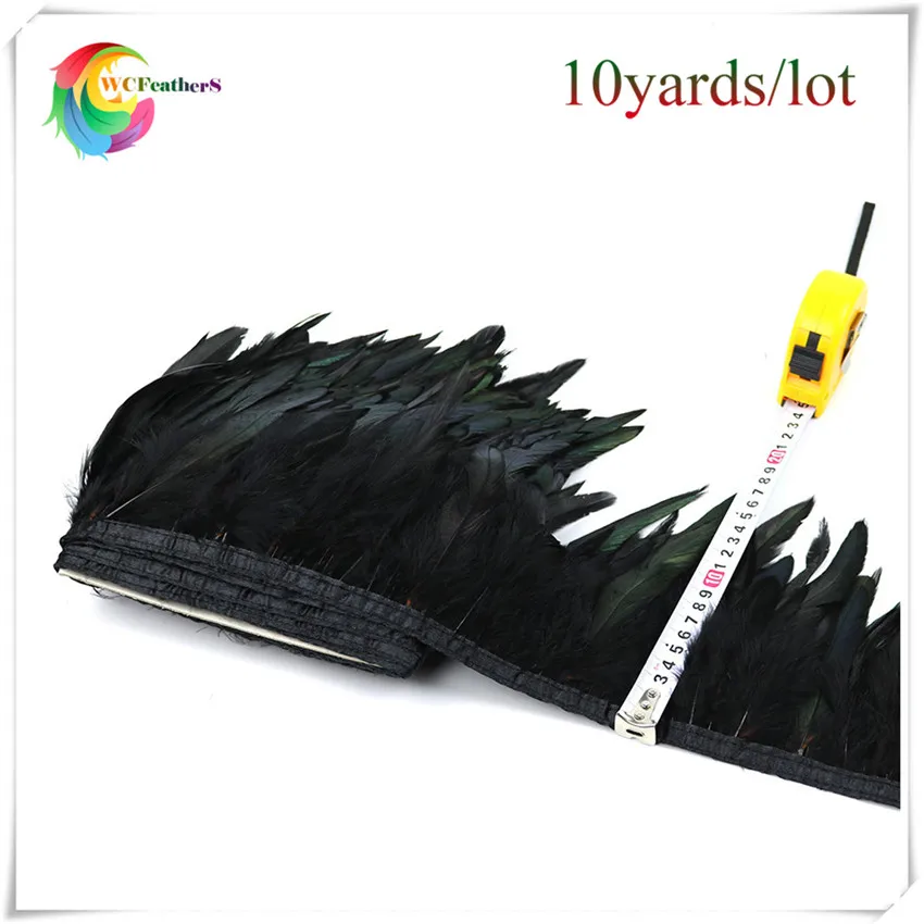 

Hot Sale 10 yards High Quality Black Natural Rooster Feather Trims Width 6-8 inches Chicken feathers Wedding Dress Decoration