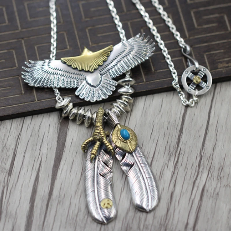 النمط الهندي الفضة النسر ريشة قلادة قلادة جدا الزاوية سلسلة العصرية تي شيرت سترة سلسلة 925 الفضة النقية الفيروز
