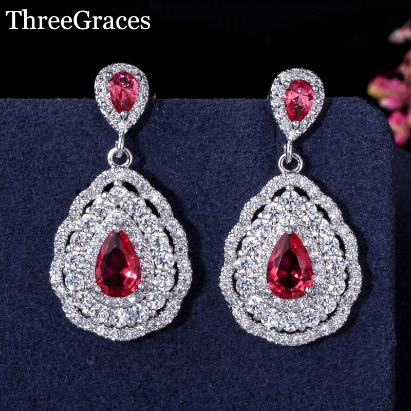 ThreeGraces Elegant Big Water Drop Shape Red Cubic Zirconia Stone Dangle Earrings for Women Bridesmaids Chic Party Jewelry E1326