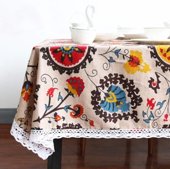 

mylb Sun Flower Tablecloth Bohemia Boho Floral Table Cloth Lace Edge Linen And Cotton Table Cover