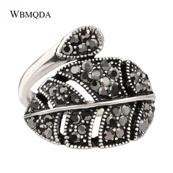 Hot 2018 Vintage Hip Hop Hollow Leaf Feather Pattern Black Crystal Open Rings For Women Fashion Party Jewelry Love Gifts