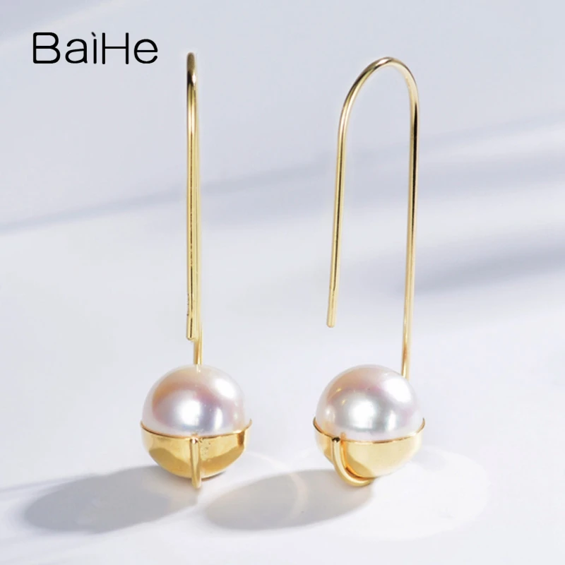 BAIHE Real Solid 14K Yellow Gold 7.5-8mm Freshwater Pearl Earrings for Women Ear Hook Wedding Trendy Fine Jewelry aretes серьги