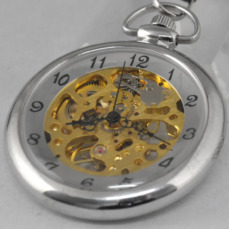 Stainless Steel Mechanical Pocket Watch Transparent Open Face Silver Steampunk Wind up Watch FOB Chain Clock Gift VIGOROSO Brand