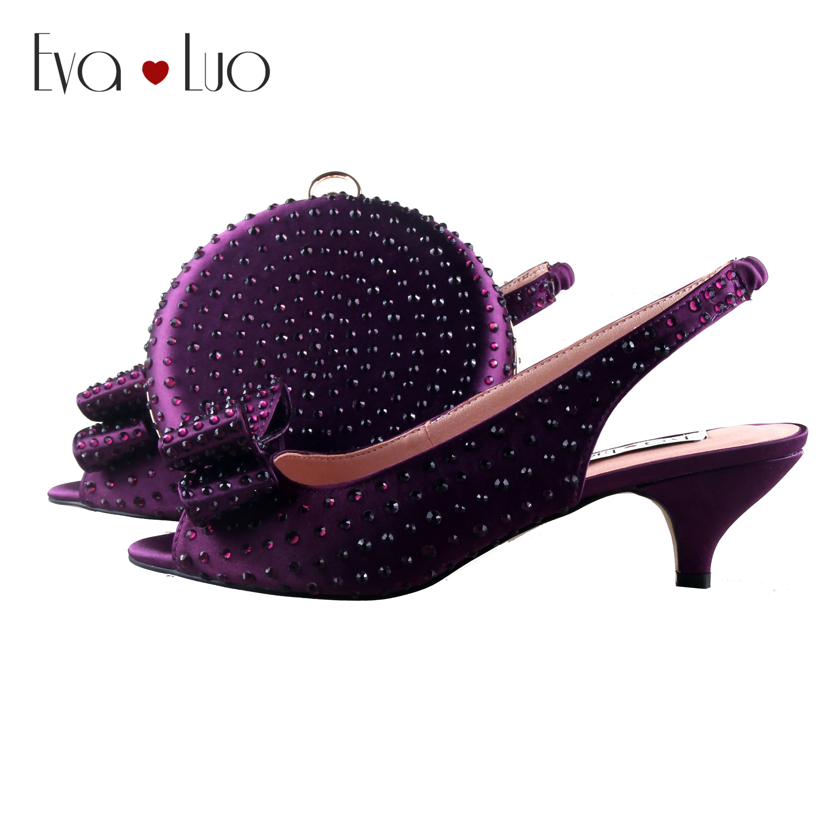 BS1044  Custom Made Different Heel Height Bow  Bridal Wedding Shoes  Purple  Crystal  Shoes With Matching Bag Set