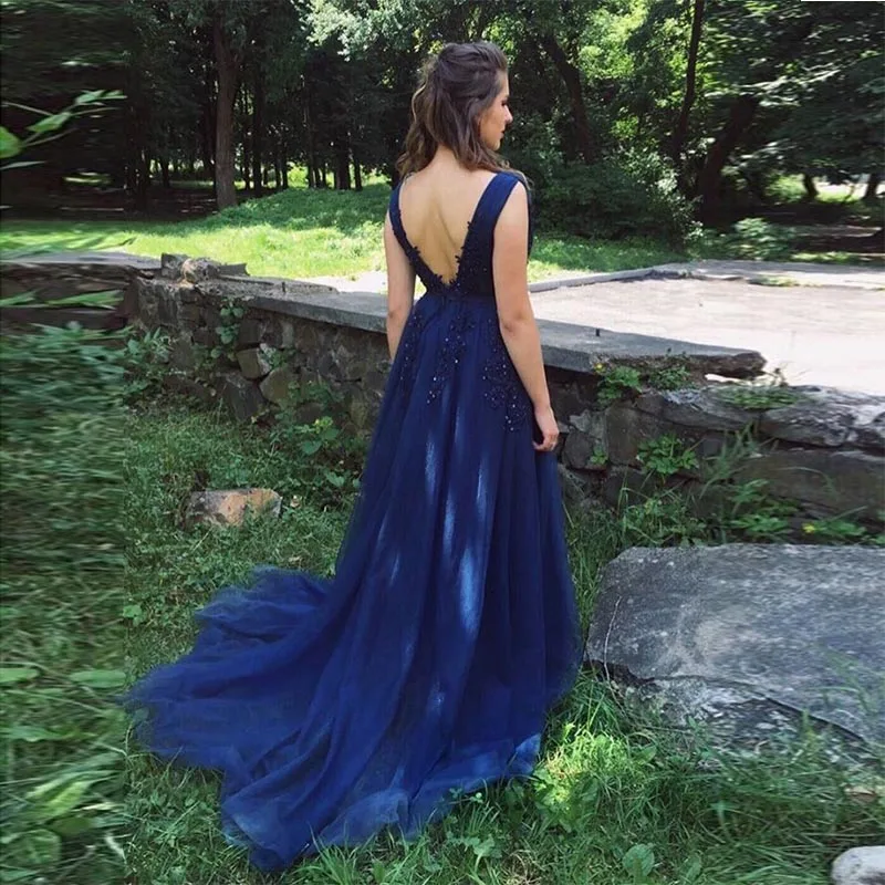 Elegant V-neck Navy Blue Evening Dress Sleeveless Appliques Beading Vestido De Noite Women Formal Evening Party Gown Sweep Train