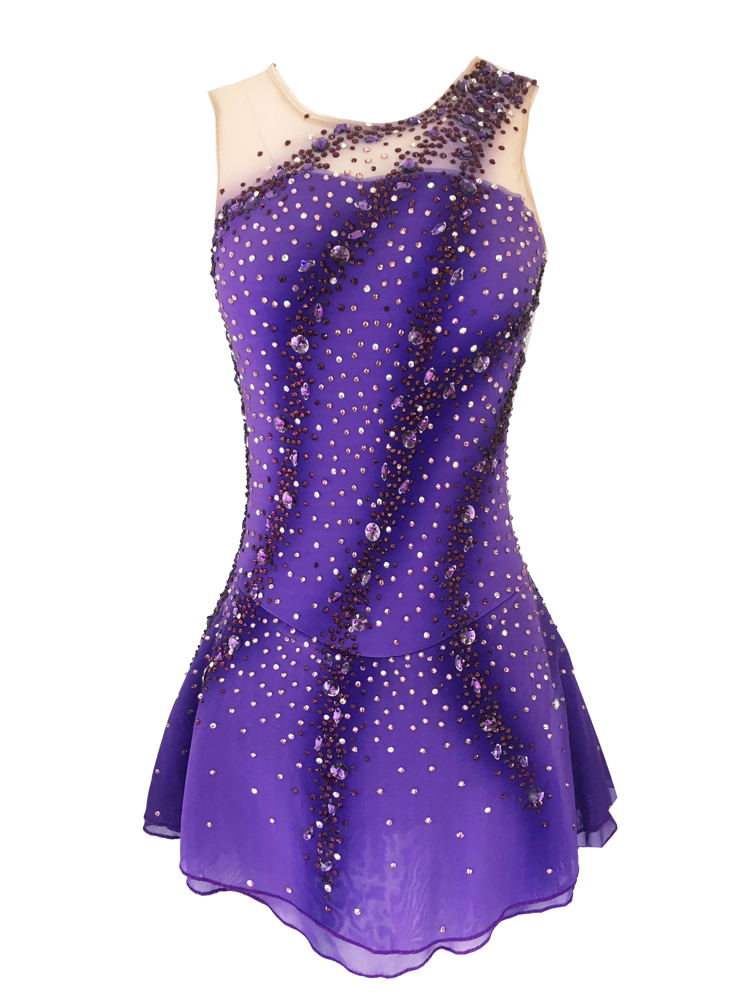 Purple Figure Skating Dress,Sleeveless Ice Skating Skirt,Spandex Competition Dresses,Half Collar Mesh Skirt