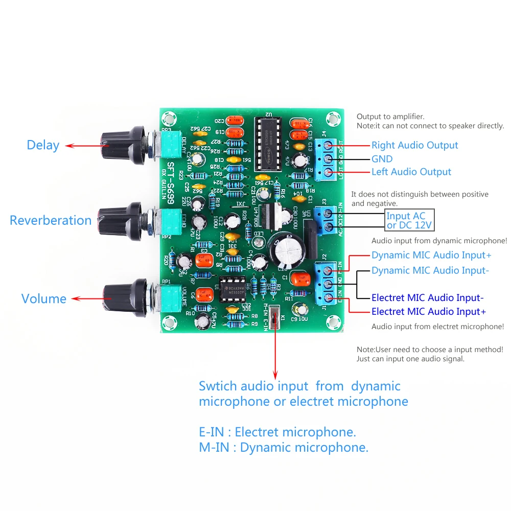 Microphone Amplifier Preamp Reverb Board Digital Kara OK Surround Delay ETK3699 12V Electret Dynamic Microphone Amplification