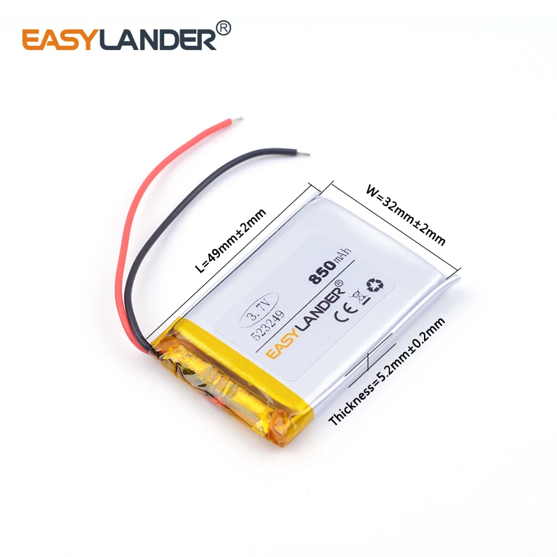 

10pcs /Lot 3.7V 523249 850mAh Rechargeable Lithium Li-ion Polymer Battery For electric core MP3 player navigation drive recorder