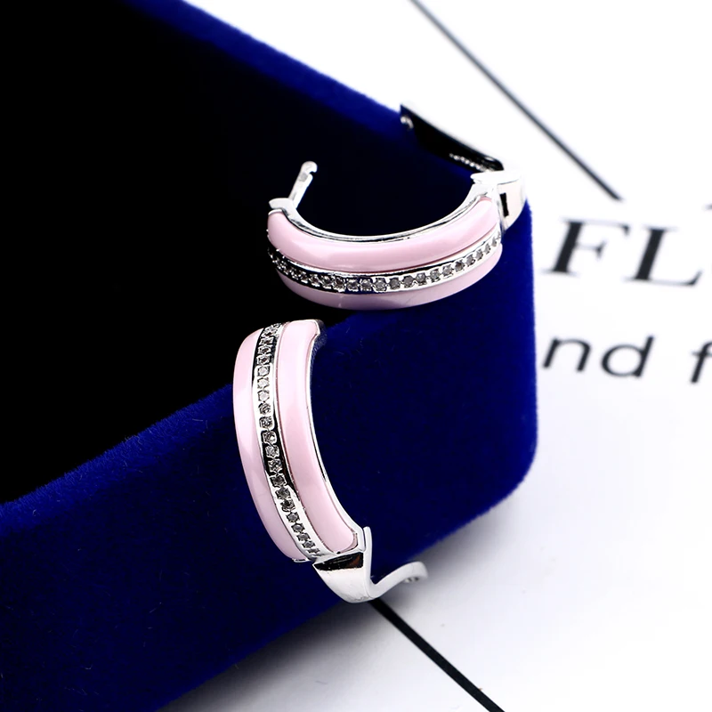 2019 U Shape Ceramic Earrings Rings Sets  For Women 8mm Smooth Lovely Pink Ceramic Stud Ear Women Jewelry Sets Wedding Jewelry