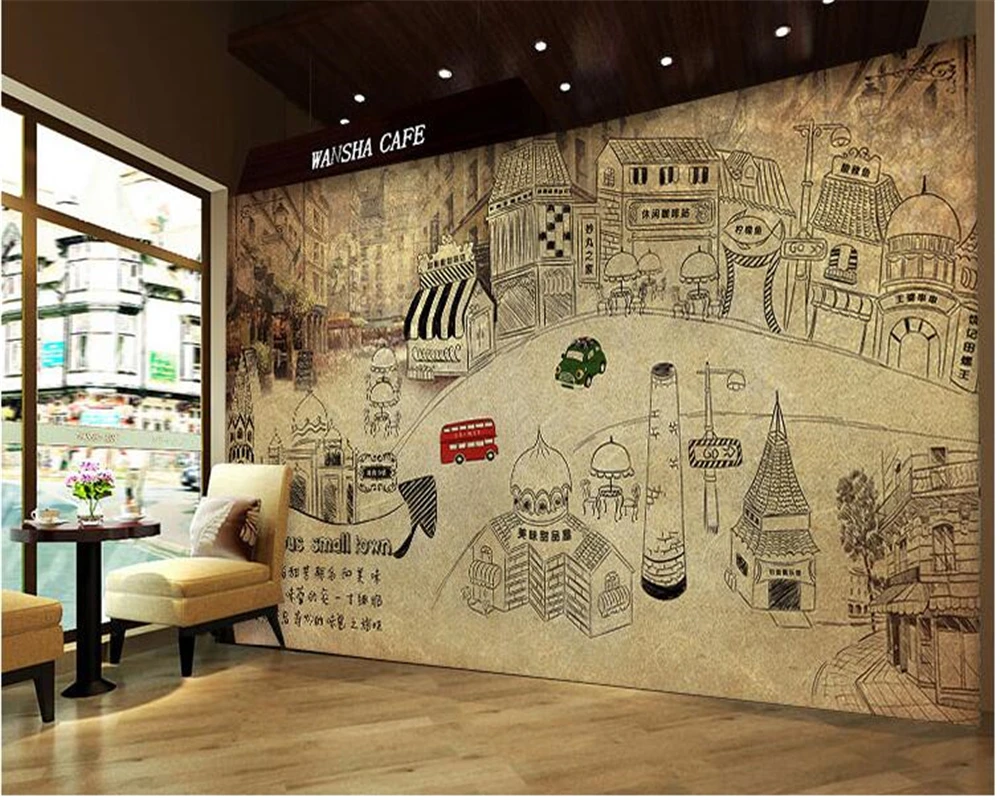 beibehang Custom wallpaper 3d hand-painted retro gourmet town streetscape wallpaper dessert personalized cafe bar 3d wallpaper