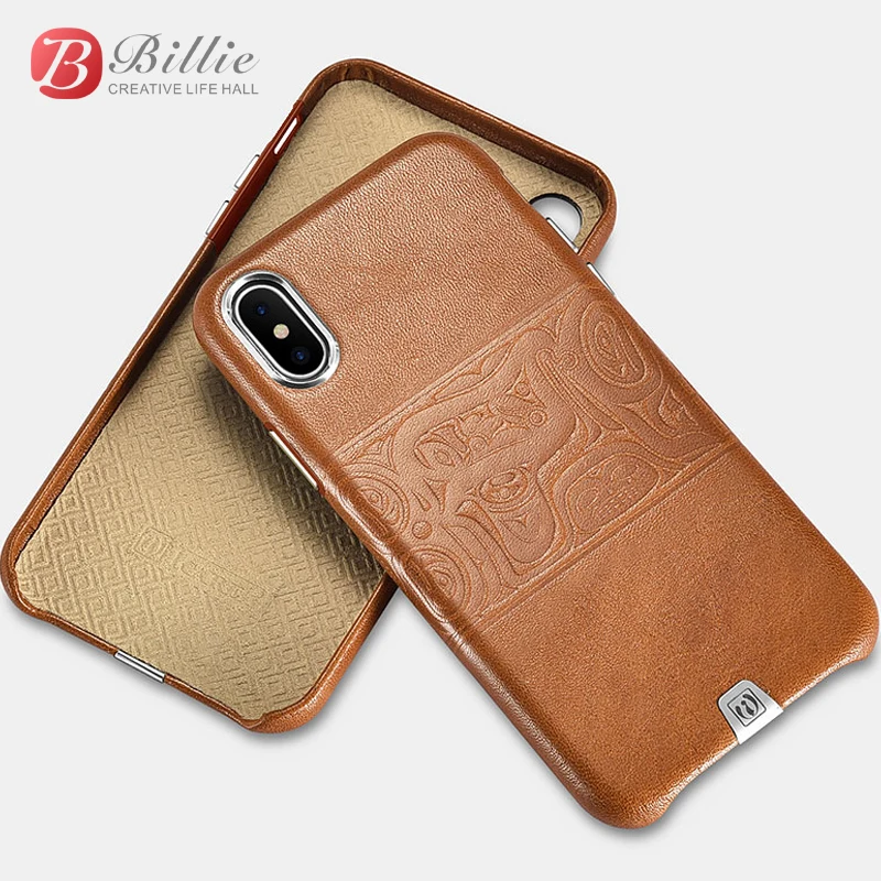 Vintage National Style Totem Genuine Leather Case Cover For Apple iPhone X Luxury Slim Hard Classic Metal Element Back Cases Bag