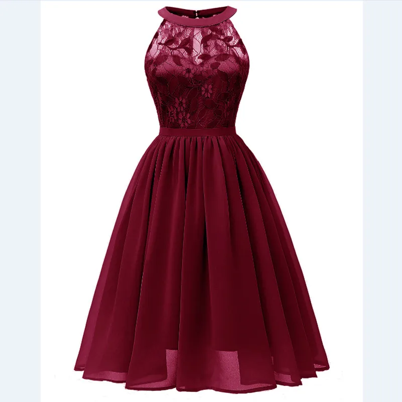 Robe de soirée courte en mousseline de soie pour filles, col licou, dentelle, rose, vin rouge, bleu foncé, verre Gary, robes de Rh, vente en gros, CD-1645 #