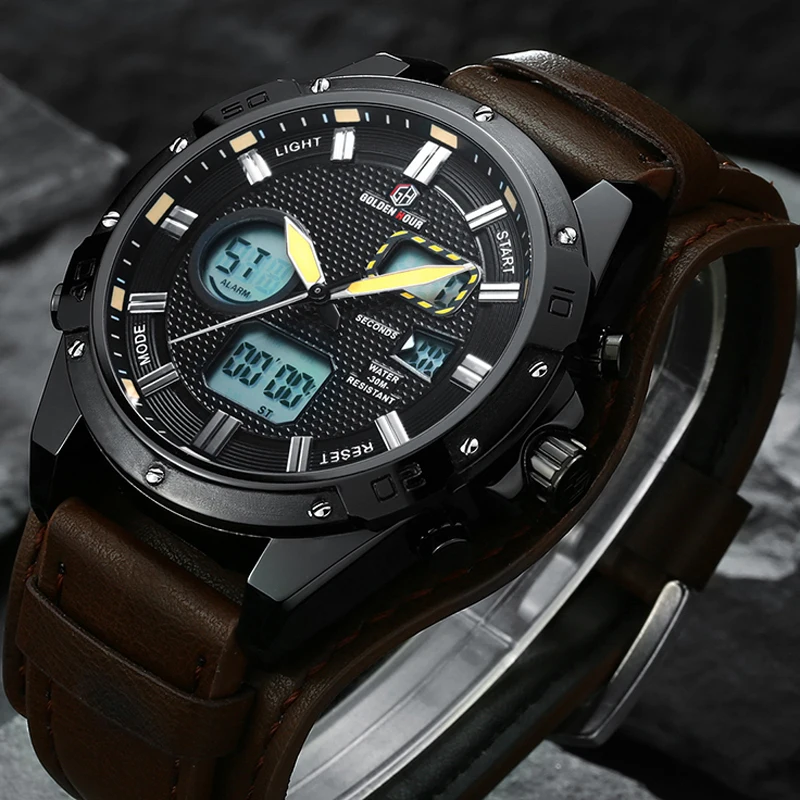 

GOLDENHOUR Sport Leather Men Watches Fashion Men Quartz Watch Date Week Display Wristwatch Analog Waterproof Male Clock Relogio