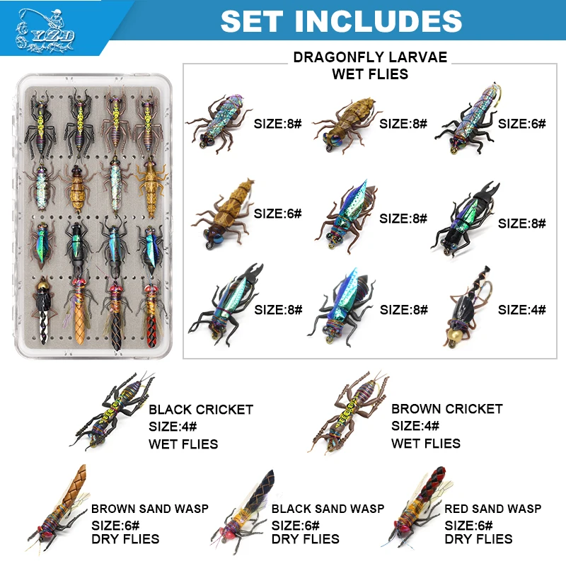 16pcs Wet Fly Fishing Flies Set Insect Lure Realistic for Bass Fishing Assortment Fly lure Trout Lure kit