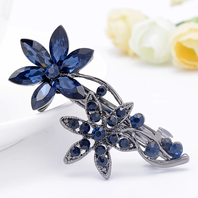 EASYA Vintage Blue Rhinestone Hairwear Butterfly Flower Hair Barrettes Women Hair Clips Retro Bow Hair Accessories Jewelry