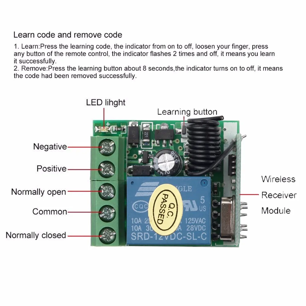 kebidu 1Pc RF Transmitter 433 Mhz Remote Controls with Wireless Remote Control Switch DC 12V 1CH relay Receiver Module