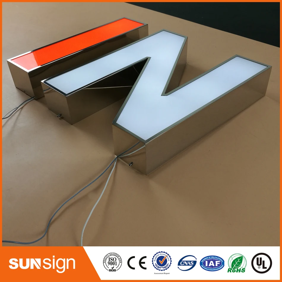 Wholesale stainless steel tanda iluminasi 3d surat saluran permukaan akrilik tanda untuk outdoor komersial lampu tanda