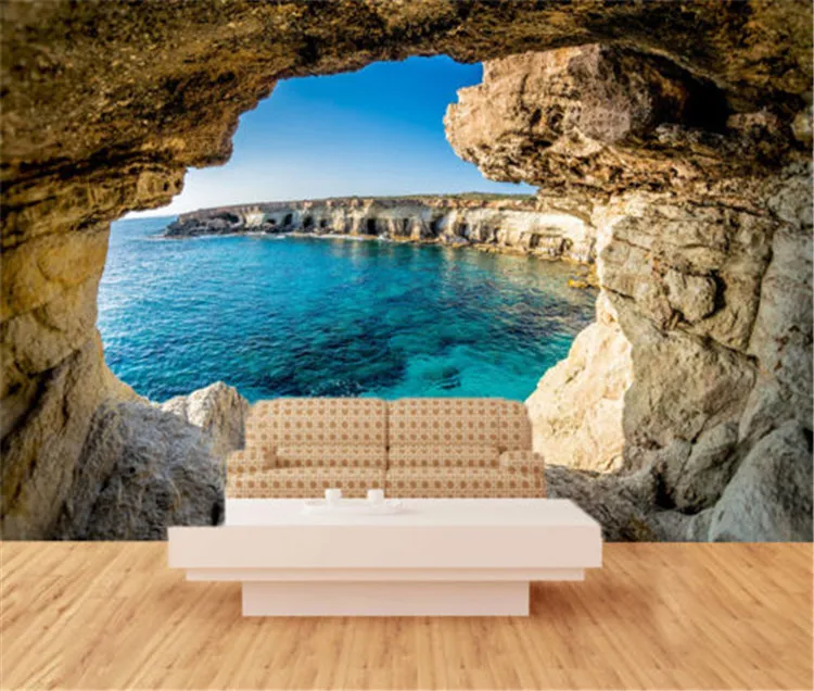 

Blue sky beach scenery sofa TV background wall 3d mural 8d nature modern wallpaper cave seascape