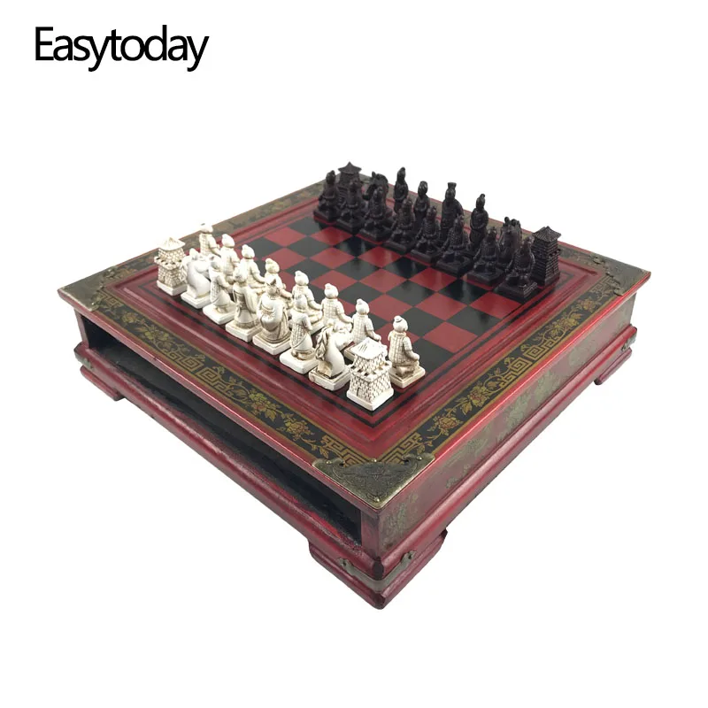 Easytoday Wooden Chess Game Set Resin Character Modeling Chess Pieces Chinese Retro Terracotta Warriors Wooden Chessboard Gift