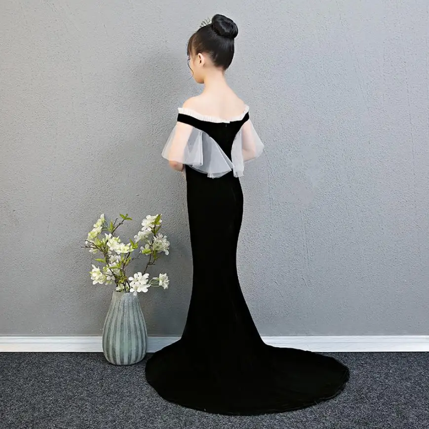 2019 New Black Slim Stage Catwalk Mermaid Dress Birthday Party Evening Dress For Girl Modis Shoulderless Spliced Vestidos Y1546