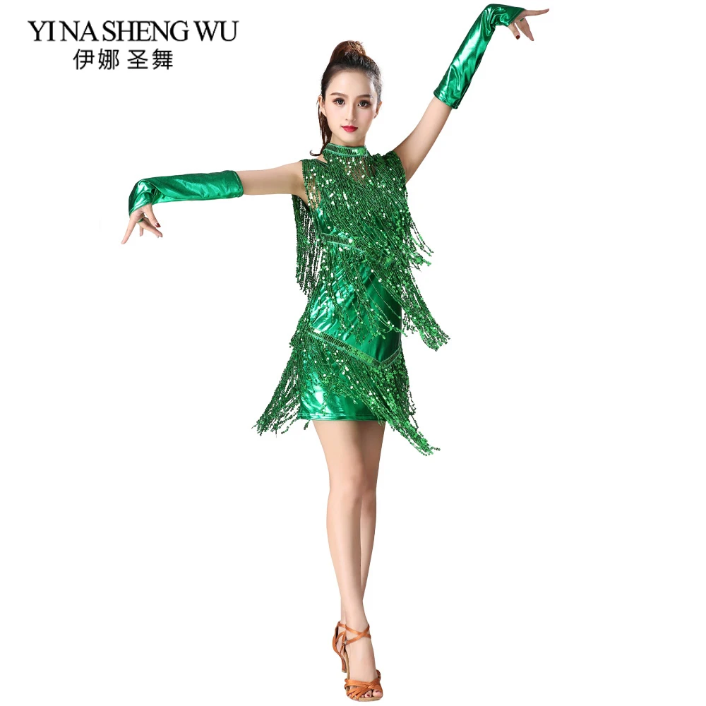 

Sequin Fringed Latin Dance Clothes Women Latin Dance Stage Performance Competition Dress Salsa Dance Costume With Glove Necklace