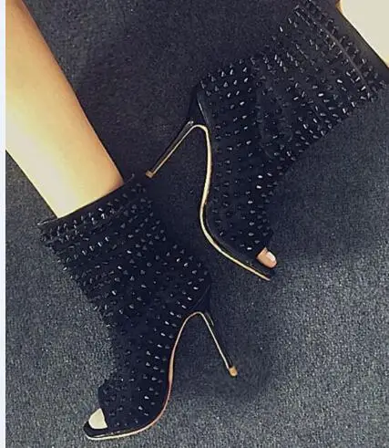 

2017 Spring Autumn boots women newest boots peep toe super high thin heels mid-calf rivet decoration studded boots black