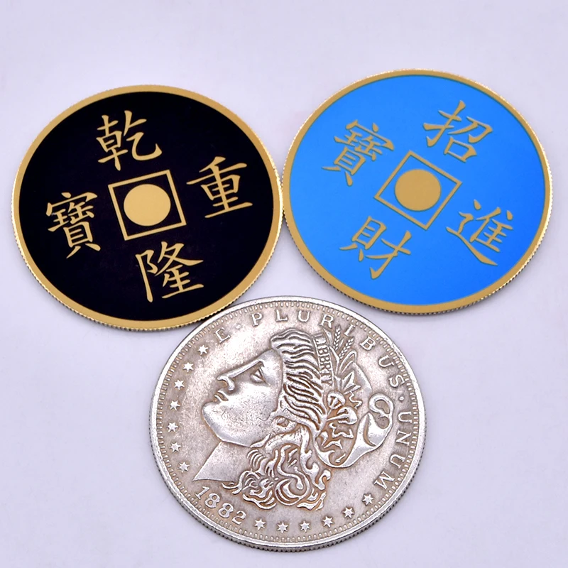 Colorful Coin (Morgan version) Magic Tricks One Coin to Three Color Change Appear Vanish Coin Magia Close Up Gimmick Props Funny