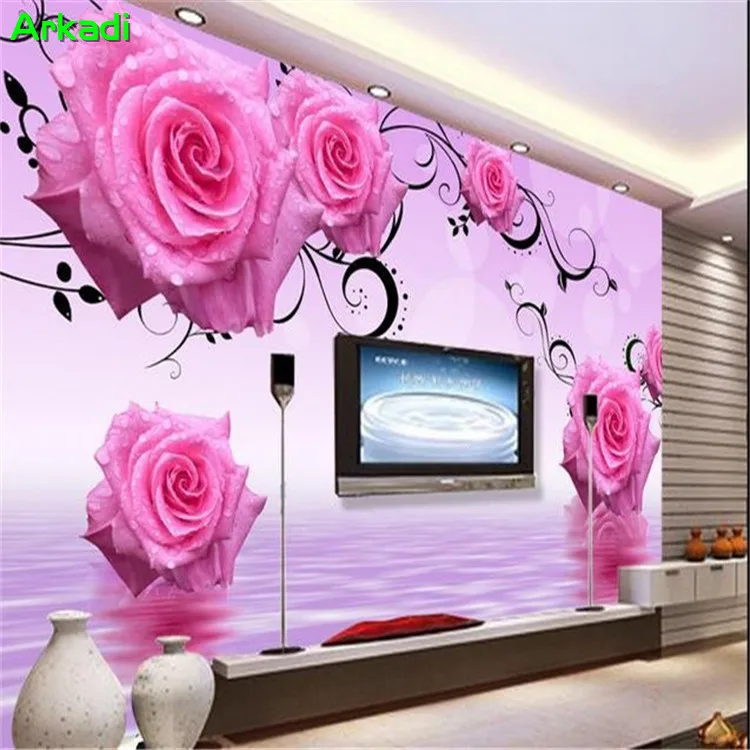 

Custom Wallpapers Simple Modern 3d European Three-dimensional Romantic Roses Vine Water Reflection TV Background Living Room