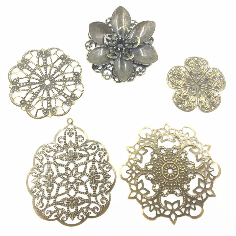 10Pcs Mixed Flower Round Filigree Wraps Alloy Embelishment Connectors Craft Jewelry DIY Findings