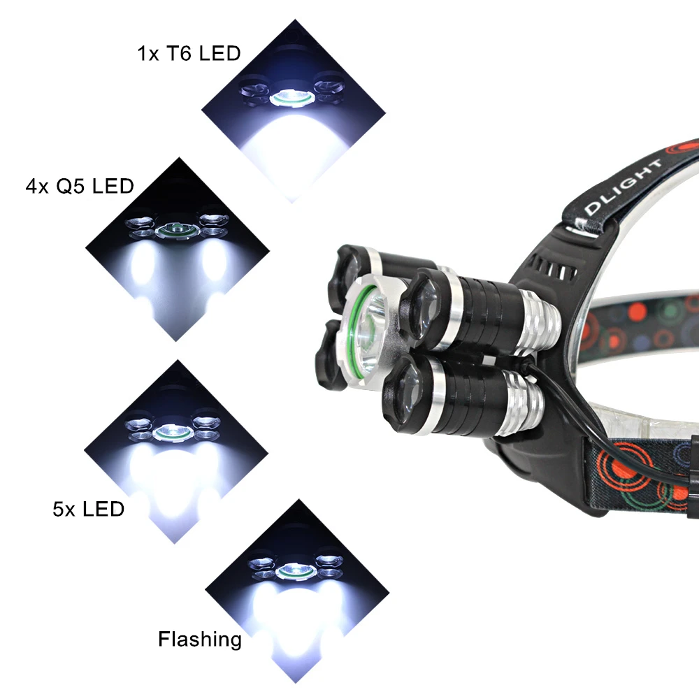 USB Rechargeable 5 LED Headlight T6 Q5 LED Headlamp Head Lamp Hunting Fishing Light with USB Charging Line
