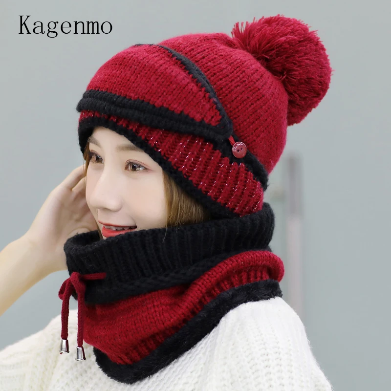 Kangemo Warme Winter Frauen Kappe Schal Maske Outdoor Ear Gesicht Hals Warm Sets Mode Dicker Baumwolle Hut Thermische Schals