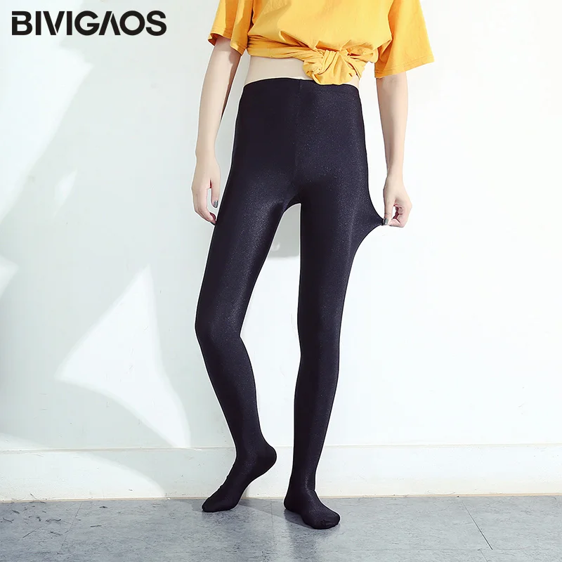 BIVIGAOS-Chinlon Leggings pretas lustrosas das mulheres, calças elásticas altas Shaping, leggings magros magros, leggings sexy do exercício