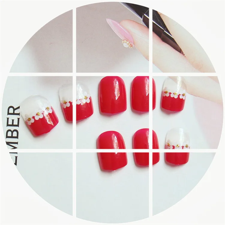 Lovely short style 24pcs/set hot red gel white five petals flower resin Nail Art False Fake Nail art Tips Stickers With Glue in