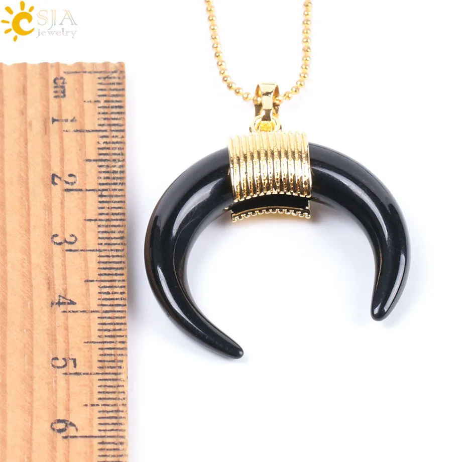 CSJA New Fashion Natural Stone Crescent Half Moon Necklace Pendant with Chain Gold Color Wire Wrapped for Women DIY Jewelry F063
