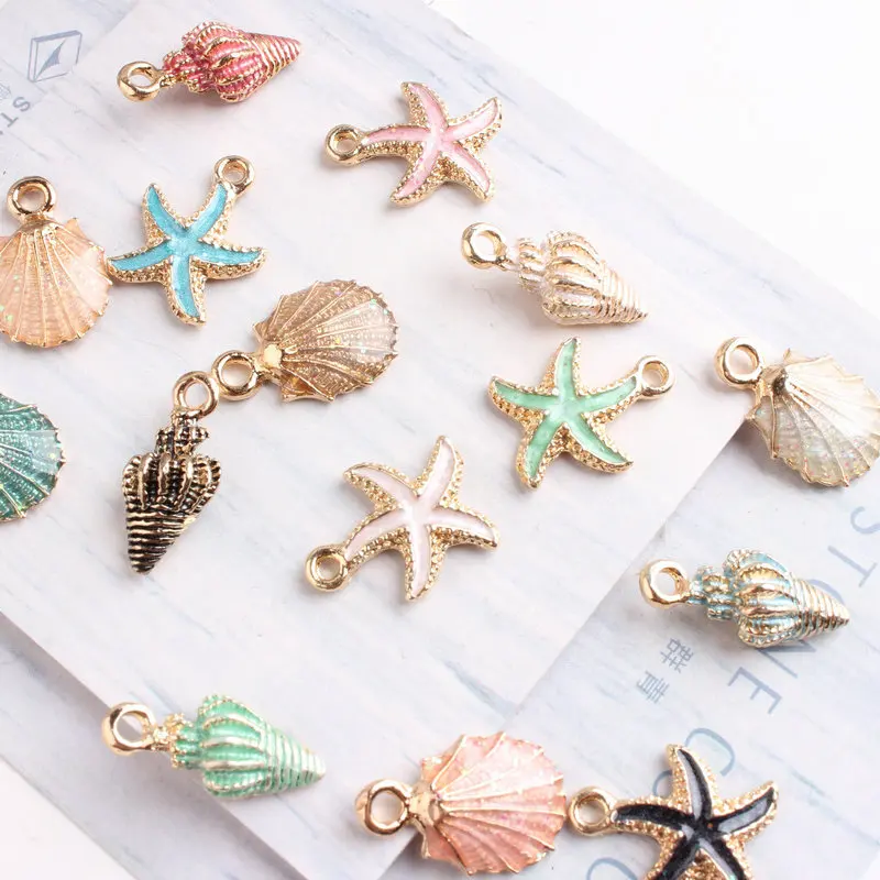 50PCS Alloy Metal Enamel Sea Starfish,Shell,Sea Charms Colorful Oil Drop Pendant for Jewelry Making Findings