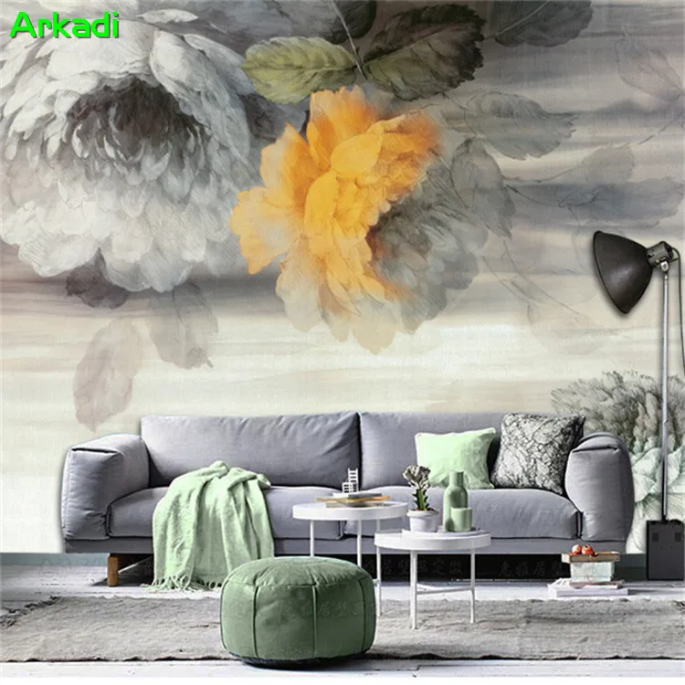 European retro living room TV background wallpaper hand paint retro vintage Peony wall painting restaurant sofa abstract floral