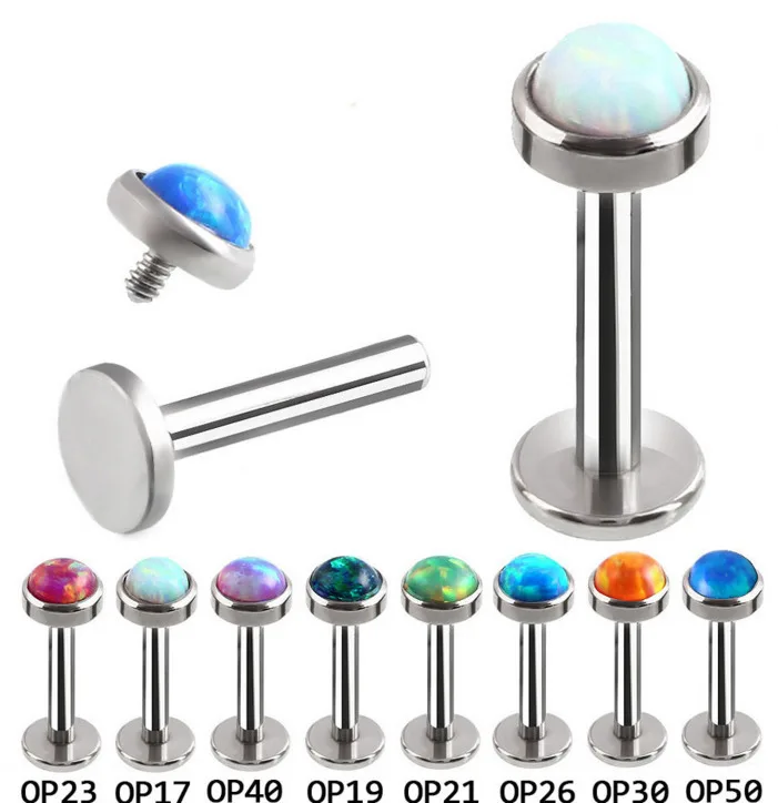 50pcs  Surgical  Steel Opal Stone Labret Lip Ring Nose/Ear Helix Bar Cartilage earring tragus ring 16GX8mm