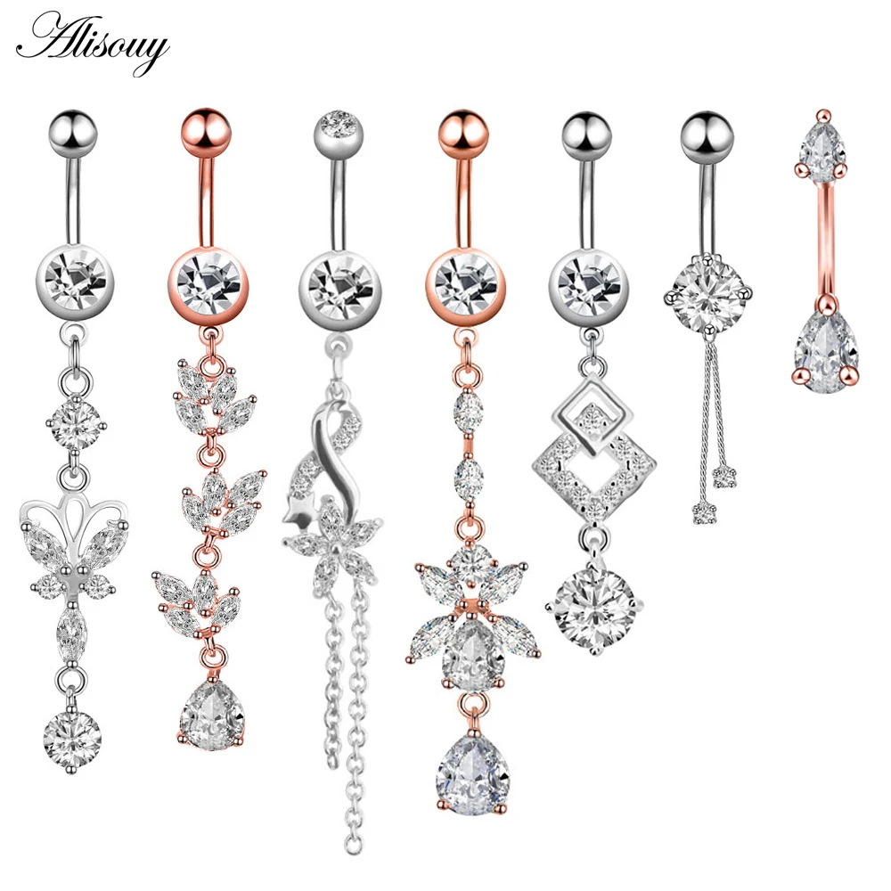 1pc New Zircon Fashion Surgical Stainless Steel Navel Piercing Flower Pendant Belly Button Rings Belly Piercing Body Jewely