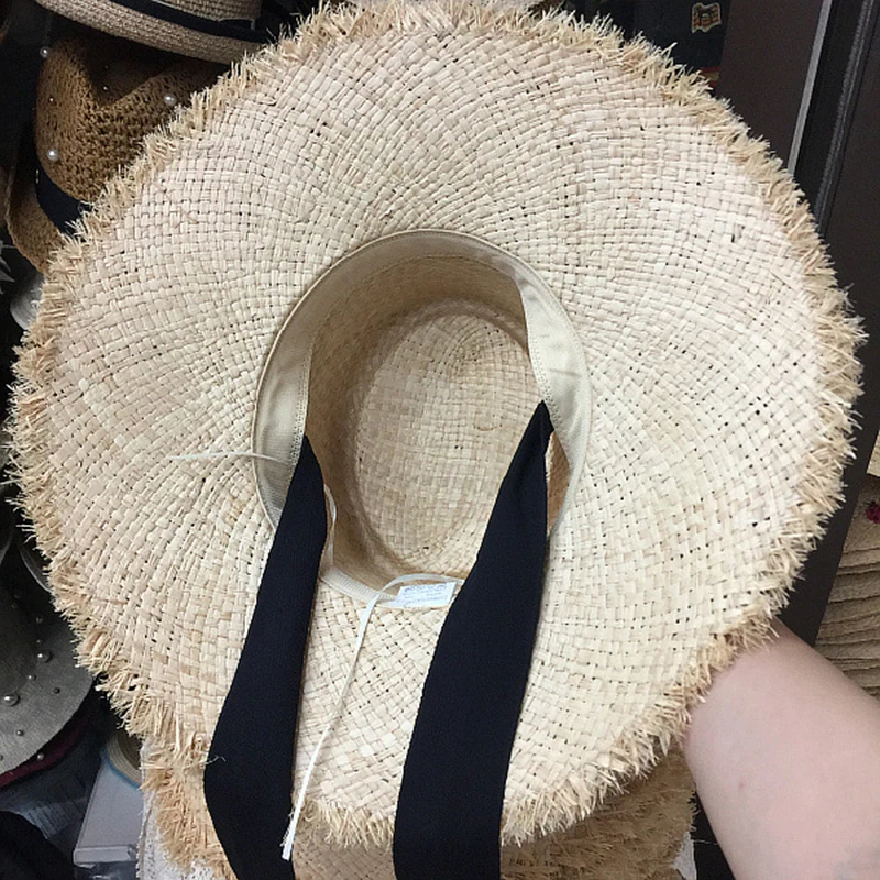 Natural Women Sun Hat Raffia Long Black Beige Ribbon Tie Sun Beach Hat Ladies Fringed Wide Brim Straw Hat Summer Travel Hat Cap