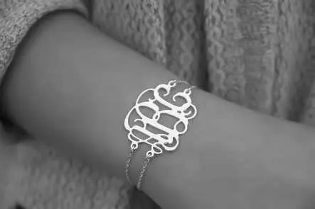 solid Silver Monogram Bracelet Double Chain Custom 3 Initial Charm Personal Monogrammed Gift