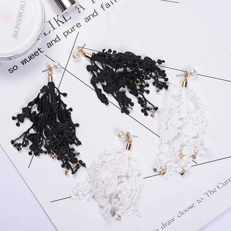 JIOFREE Fashion Clip on Earring no pierced Female Hanging Tassel Flower Fringe Statement Boho Lace Women Wedding Pendant Jewelry