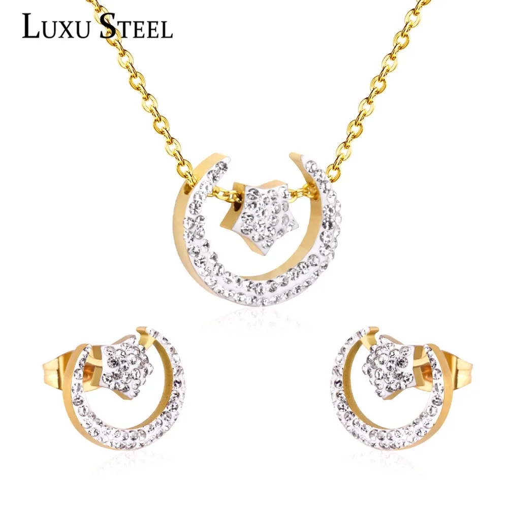 LUXUSTEEL Crystal Jewelry Sets Stainless Steel Golden Color Moon and Satr Pendant Necklace Stud Earring Jewelry Bijoux