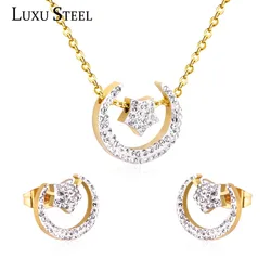 LUXUSTEEL Crystal Jewelry Sets Stainless Steel Golden Color Moon and Satr Pendant Necklace Stud Earring Jewelry Bijoux