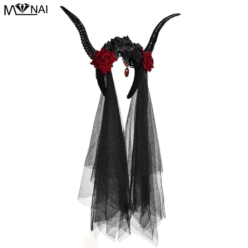 Halloween Antler Headband Party Photography headdress with roses & Veil Elegant Crystal Pendant Evil Horns Gothic Steam Punk