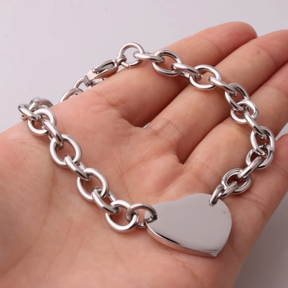 New Trendy 316L Stainless Steel Silver Color Charms Heart Accessory Rolo Oval Chain Women Girl Bracelet Bangle 8\