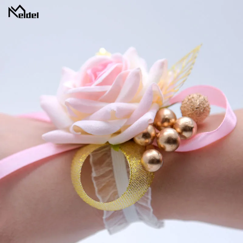 Meldel-ramillete de muñeca para novia, pulsera elástica de encaje para dama de honor, ramillete de flores para fiesta de graduación, suministros de boda