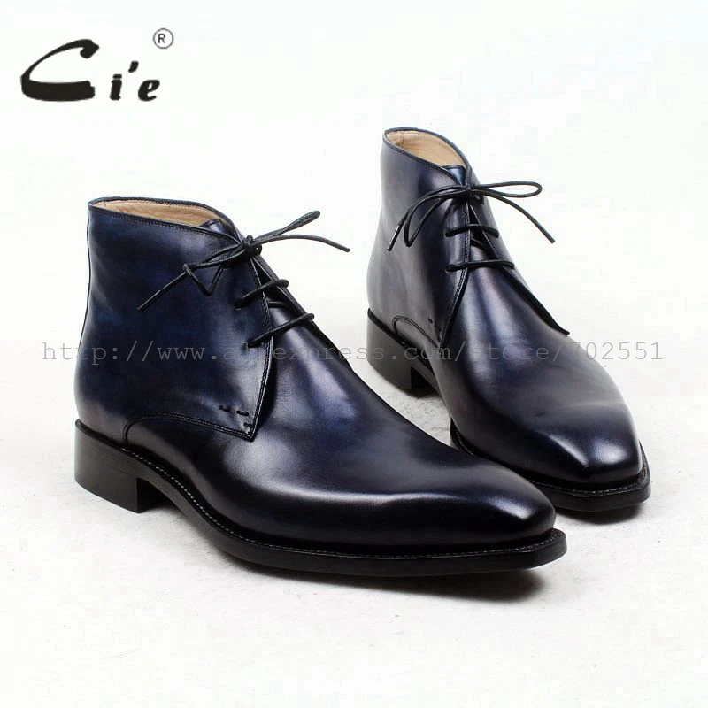 cie Square Plain Toe Full Grain Calf Leather Boot Patina Navy Handmade Outsole Leather Men Boot Business Men's Ankle Boot  A96