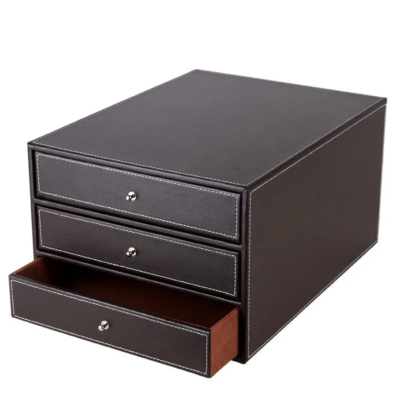 3 Layers Wood Leather Desk Set Filing Cabinet Storage Drawer Box Office Organizer Document Container Holder Black ZA4637